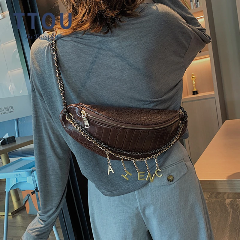 

TTOU Womens Waist Bag Metal Tassel Fanny Pack Quality Crocodile Pattern Leather Bag Belt Purse Small Purse Phone Key Pouch