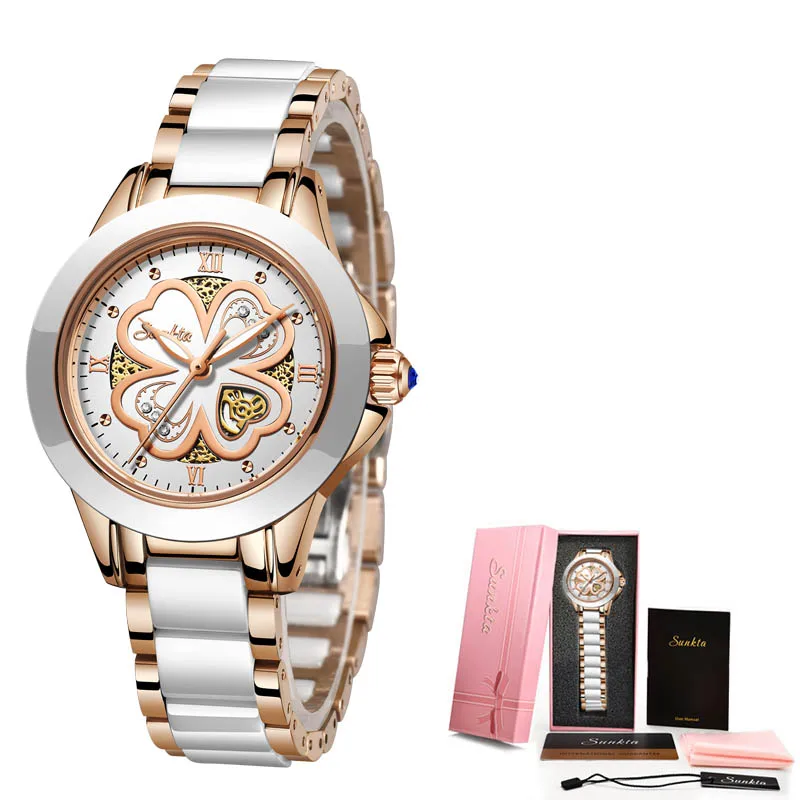 Rose gold white SUNKTA кварцевые женские часы модные водонепроницаемые часы женские керамические браслет часы девушка часы Relogio Feminino+ Bo - Цвет: Rose gold white