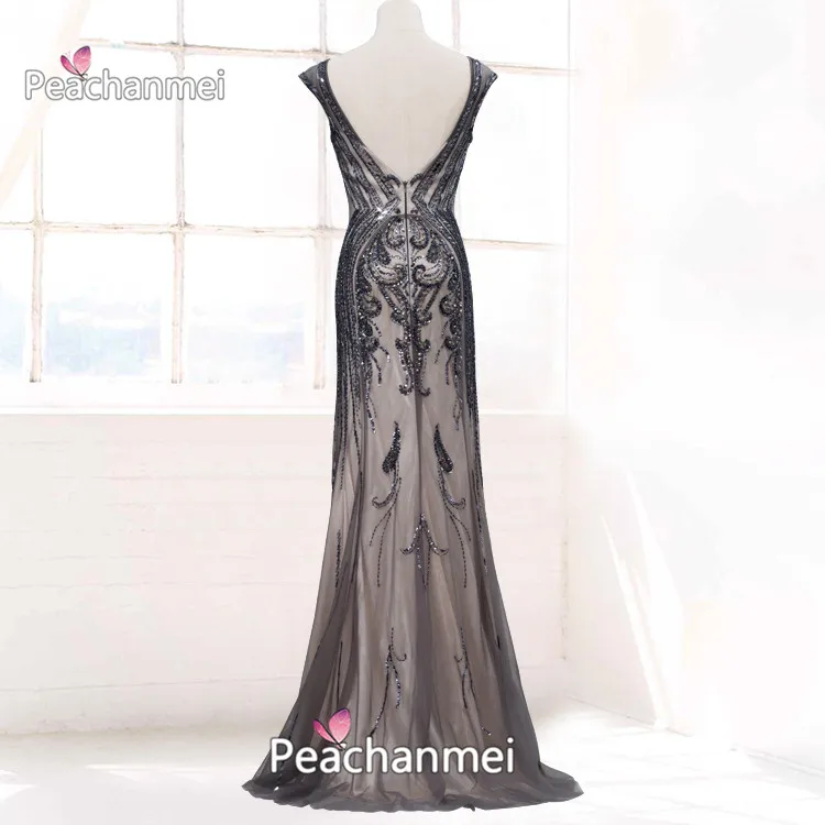 Real Photo V-Neck Formal Evening Dress Long Mermaid Robe De Soiree Tulle Cap Sleeve Prom Dresses Backless Party Ball Gown Dress