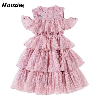 

Summer Princess Lace Ruffle Cold Shoulder Pageant Dress Girls 4-12 Year Cute Embroidery Flower Mid calf Layered Dresses Children