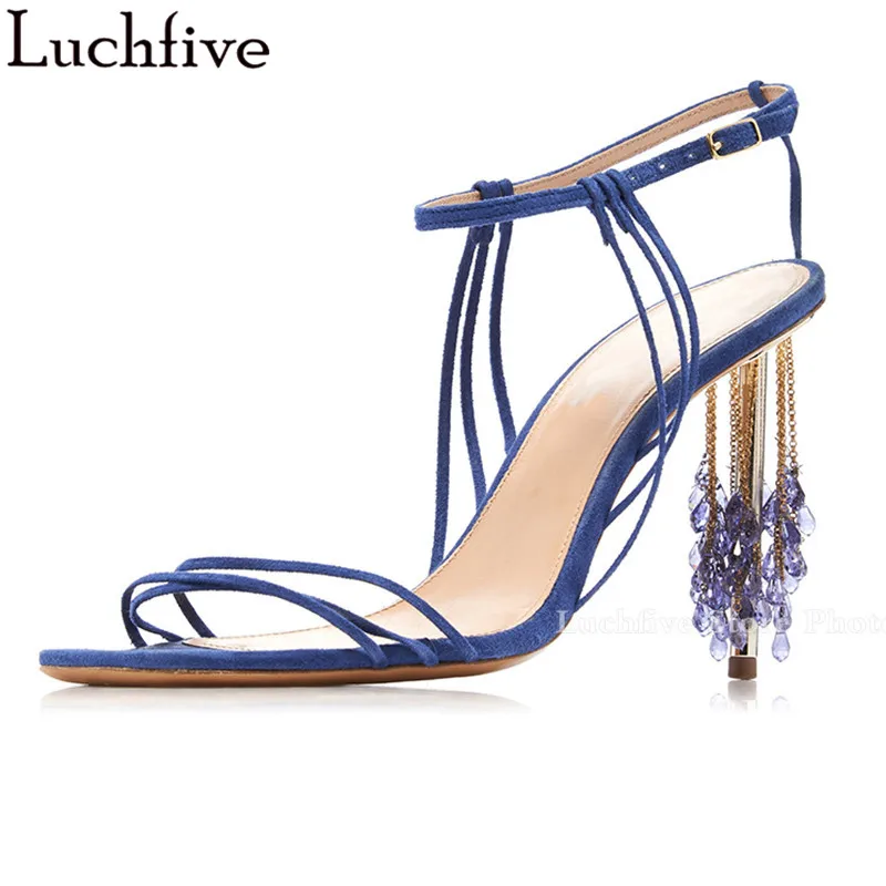 Crystal Tassel Heels Sandals Woman Genuine Leather Ladies Shoes Open