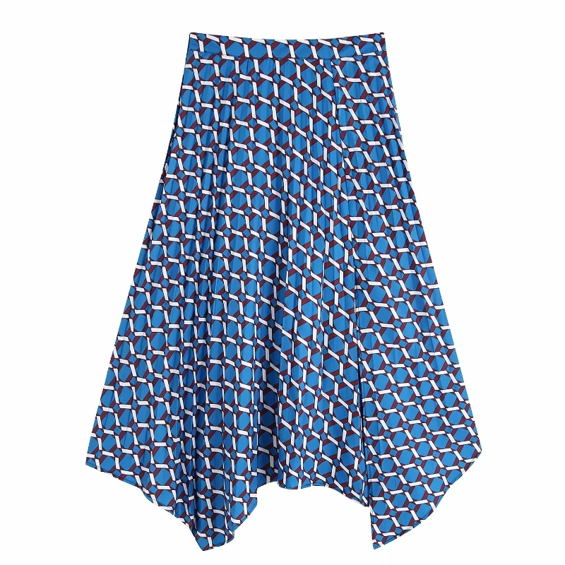 Новинка, женская элегантная плиссированная юбка с геометрическим принтом и асимметричным подолом, faldas mujer, Женская Повседневная шикарная юбка с боковой молнией QUN499
