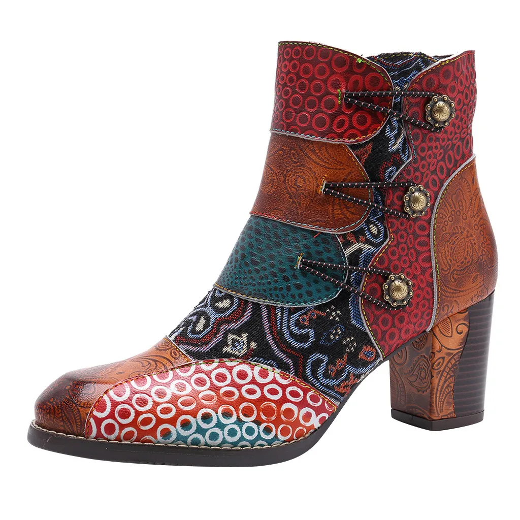 

MUQGEW Lady retro handmade Boots Autumn Winter Splicing jacquard process Shoes Zipper Ankle Boots High Heel women's Boots #815