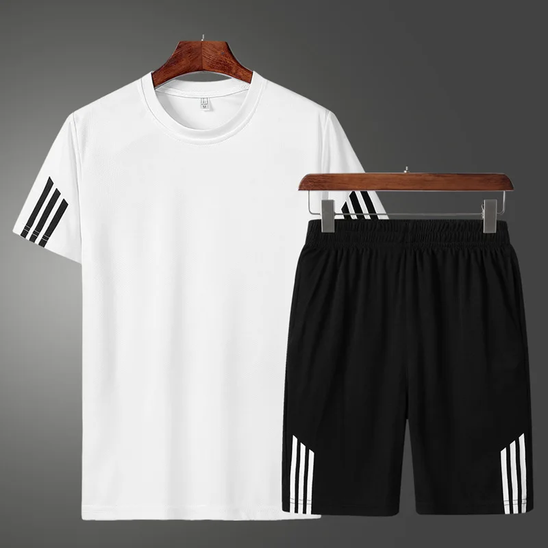 T-Shirt Shorts-Sets Tracksuit Summer Striped Fashion Sweat-Suit Casual-Set Men 2pcs Male