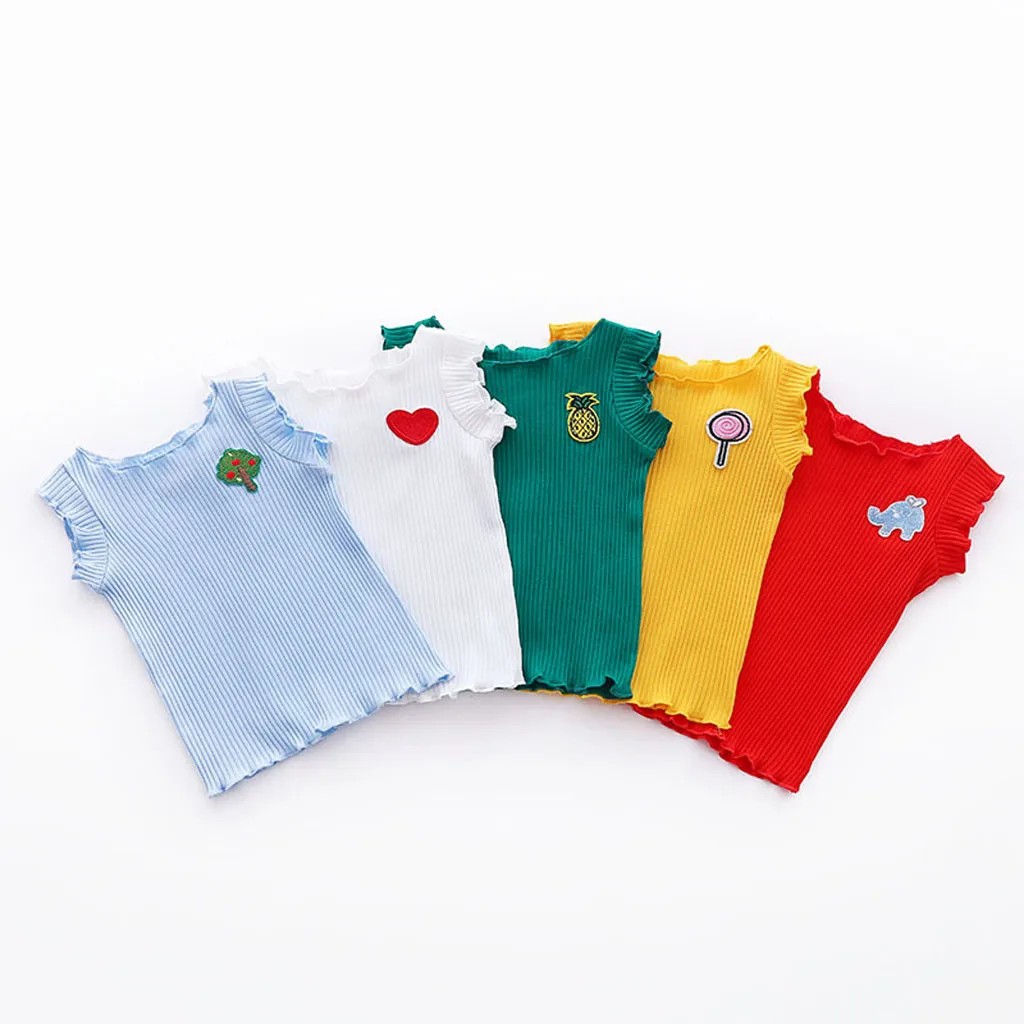 Однотонная футболка для новорожденных и маленьких девочек; топы без рукавов с вышитыми фруктами для малышей; топы; одежда;# BL2