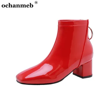 

Patent PU Leather Ankle Boots Women Candy Color Zipper Handmade Cheap Quality Boots Square Toe Shoes Ladies Red White Pink 30-51