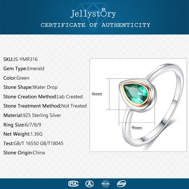 Jellystory Горячая в форме капли воды зелёный Изумрудный камень 925 Серебряное кольцо для женщин Свадебные обручальные вечерние ювелирные изделия кольца