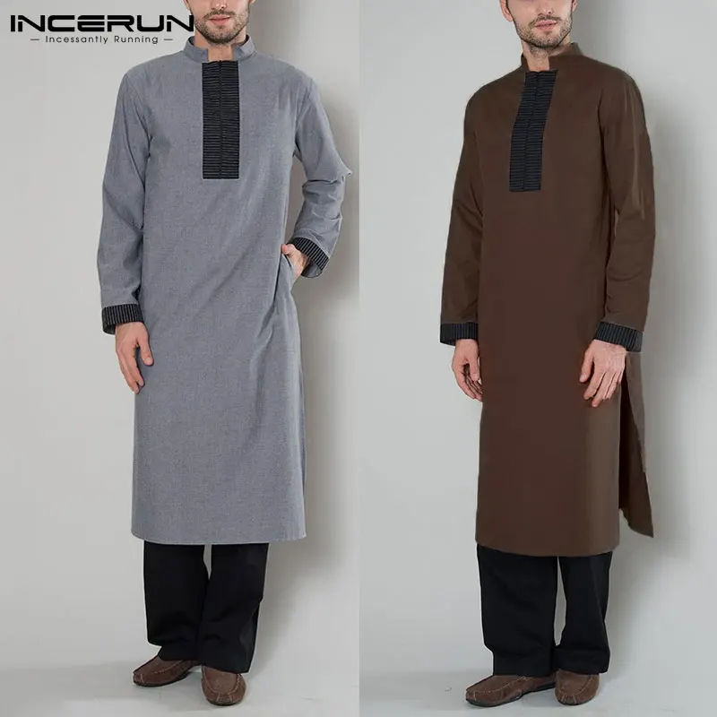 

Muslim Arabic Islamic Kaftan Patchwork Robes Long Sleeve Jubba Thobe Dubai Saudi Arabia Caftan Men Muslim Clothing INCERUN 2019