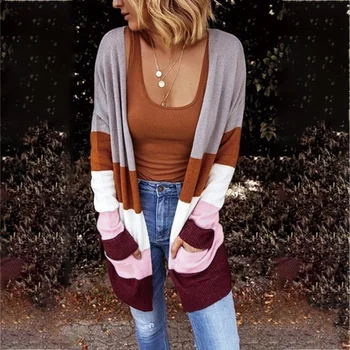 

Women 2019 Autumn Color Patchwork Loose Long Sleeve Casual Knit Cardigan Female All-match Fashion Knitwear With Pockets SJ4531Y