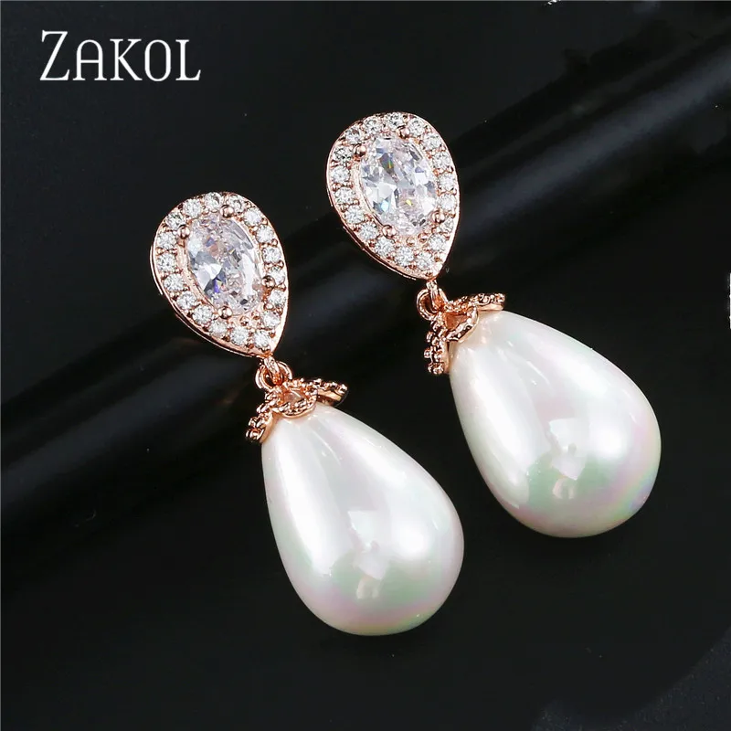 Модные женские серьги ZAKOL из розового золота с искусственным жемчугом и фианитом