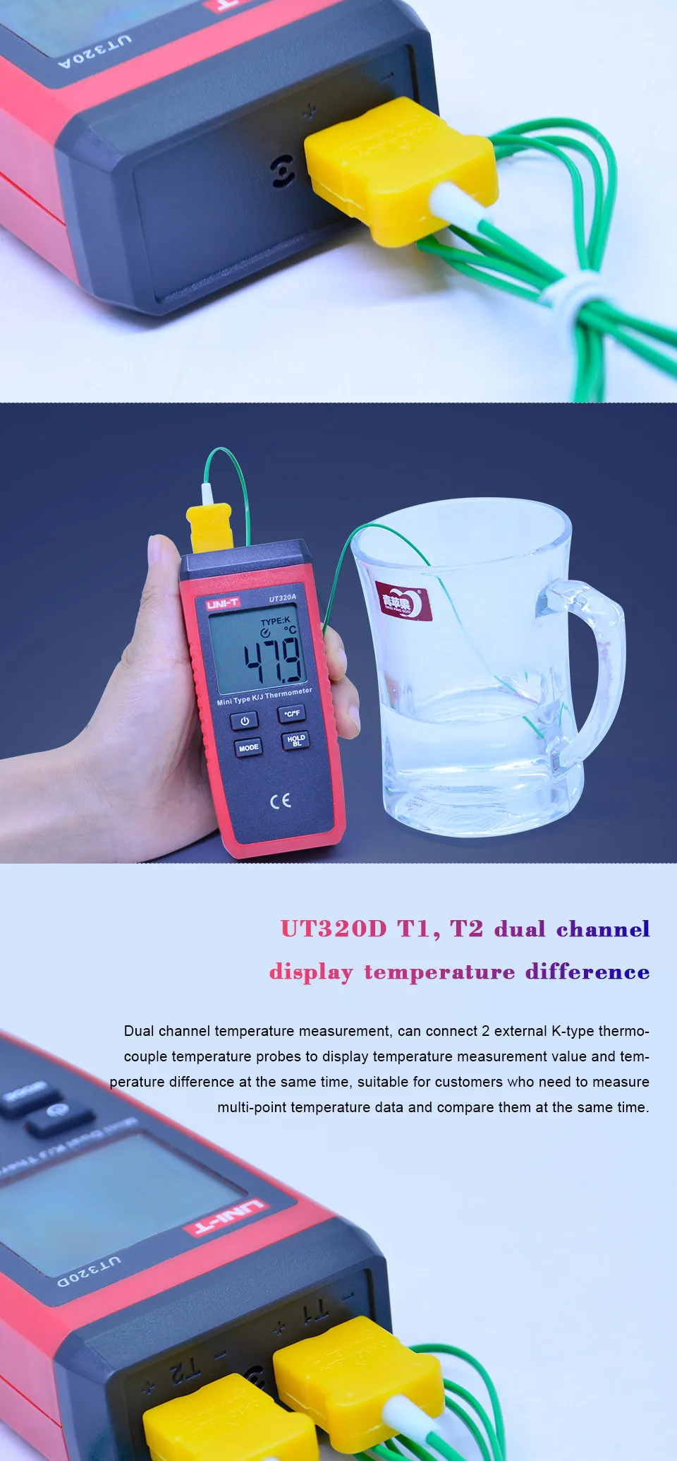 UNI-T UT320A UT320D термометр термопара мини контактный тип одноканальный/двухканальный K/J измеритель температуры Удержание данных Макс/мин/AVG