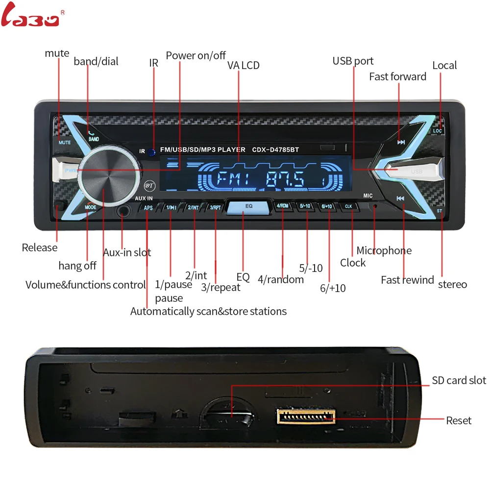 Bluetooth V3.0 съемный Стерео Авторадио автомобильный радиоприемник 12 В In-dash 1 Din FM Aux