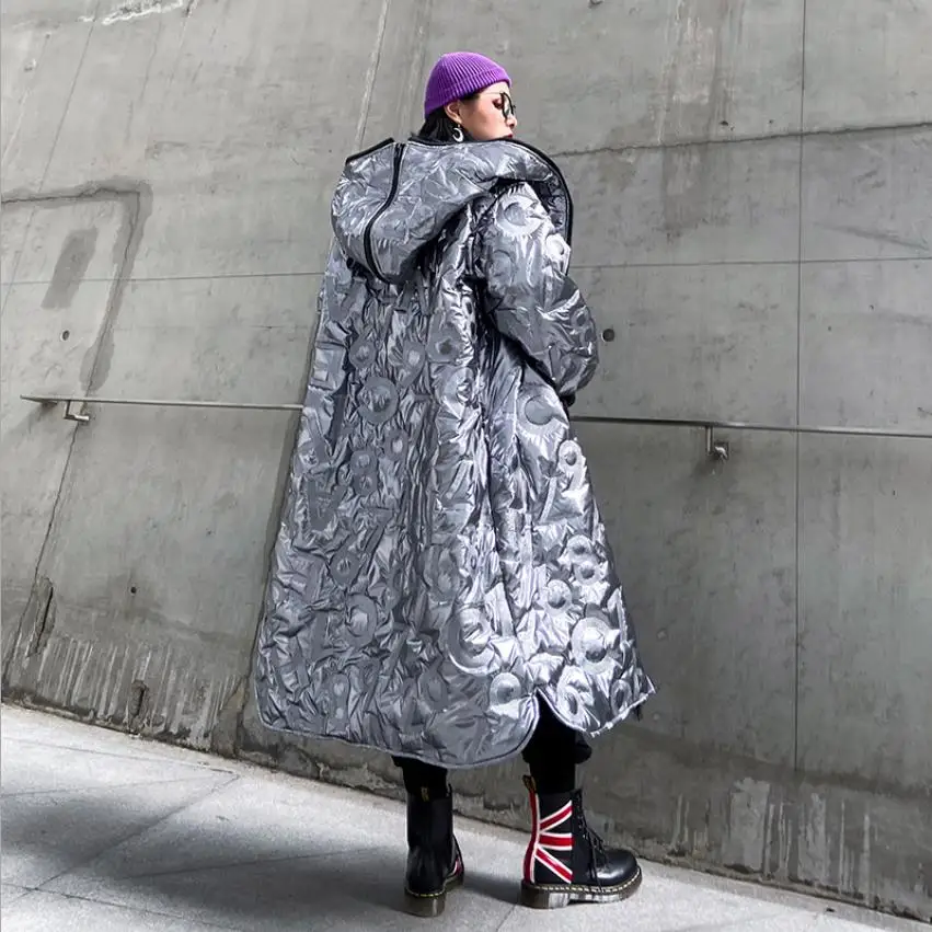 Зимнее пальто из глянцевой ткани в уличном стиле, плотное теплое пальто из искусственного меха, пальто с капюшоном большого размера, женское длинное плотное теплое хлопковое пальто F622