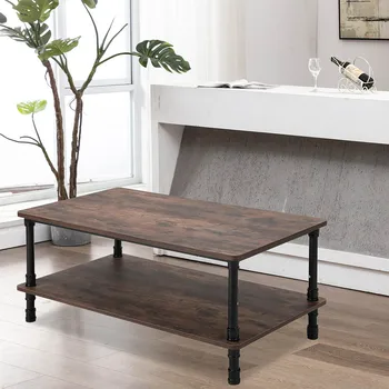 

Wide Rectangle Modern Industrial Coffee Table in Walnut Brown with Storage Family Room Livingroom Multi-layer Sofa Table Bedside