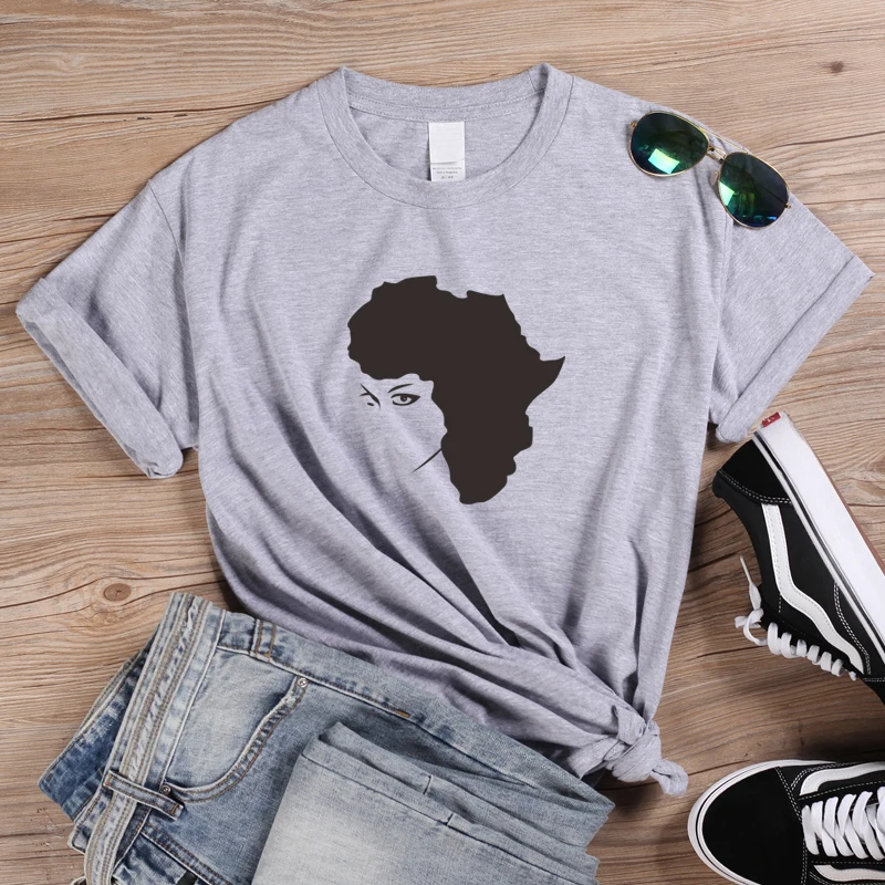 Gray ONSEME Afro Lady Graphic T футболки для феминисток футболки смешные Африка Карта шаблон печати Футболка меланин футболки женские уличная топы - Цвет: Gray