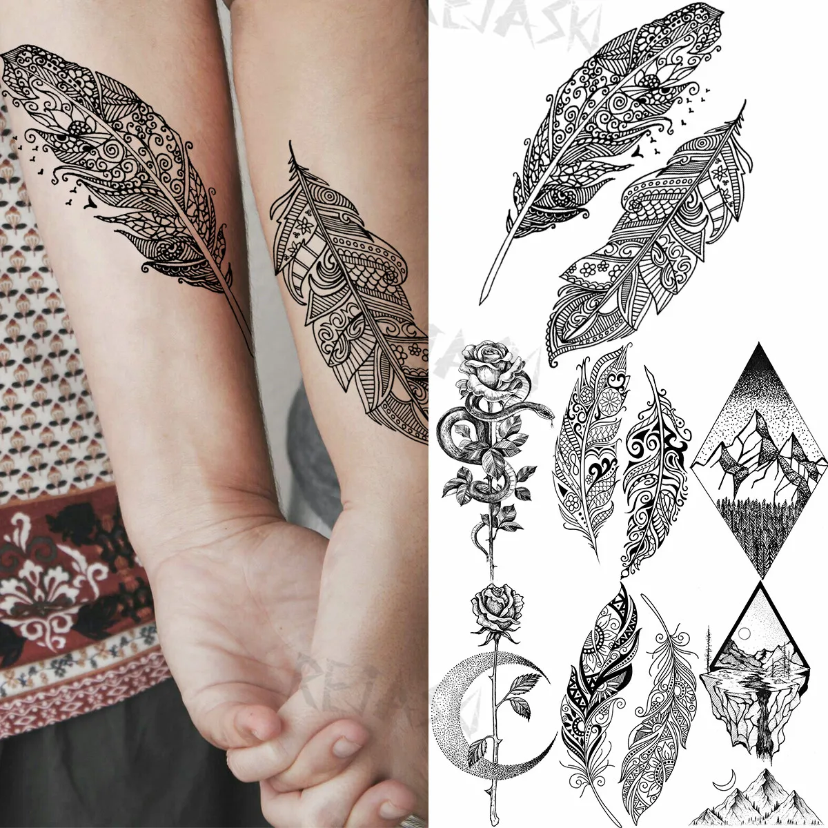 

Black Small Feather Temporary Tattoos For Women Adult Geometry Mountain Sea Rose Moon Fake Tattoo Wrist Body Art Washable Tatoos