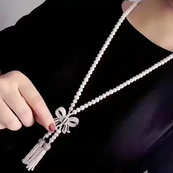 

Women's fashion jewelry micro inlaid zircon bow accessories 3-4-5-6-7-8-9mm freshwater pearl tassel pendant necklace