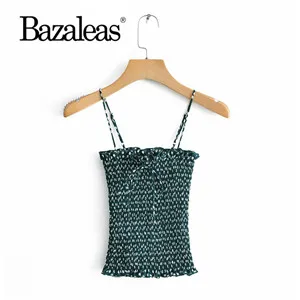 XY17 green 8076 Bazaleas Франция Центр Лук женский короткий топ Модный Эластичный черный женский Печатный принт топ на бретелях тонкий укороченный топ Прямая - Цвет: XY17 green 8076