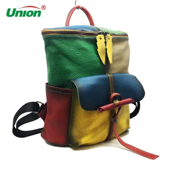 

Unique Design Multi Color Cow Leather Girl School Backpack Large Paint Patchwork Genuine Leather Shoulder Bag Femal knapsack