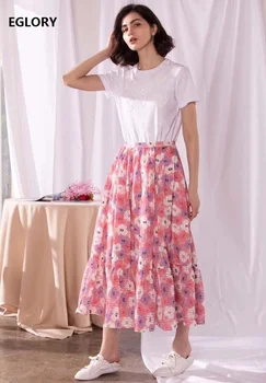 

Top Quality New 2020 Summer Suits & Sets Women Appliques Flower Patterns White T-Shirt+Beautiful Floral Print Pink Purple Skirts