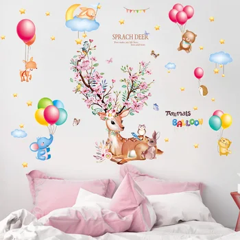 

[shijuekongjian] Deer Animal Wall Stickers DIY Balloons Clouds Wall Decals for Kids Rooms Baby Bedroom Nursery Home Decoration