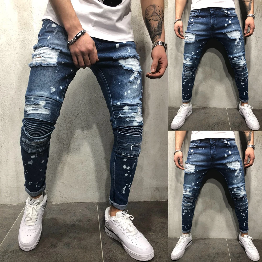 Men Stretchy Ripped Skinny Biker Jeans Destroyed Hole Taped Slim Fit Denim Scratched High Quality Jean New Arrival