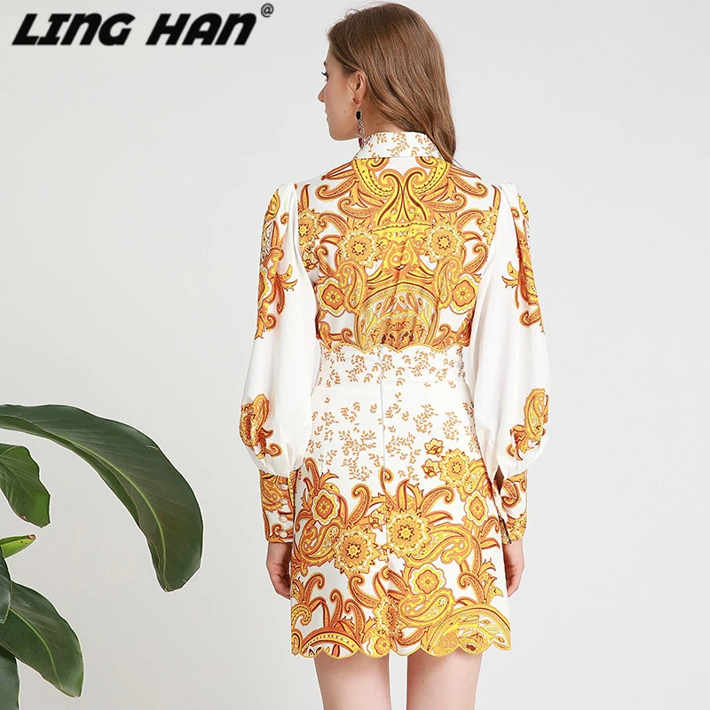 LING HAN Инди народный принт наборы для женщин фонарь рукав отложной воротник рубашка+ Высокая талия мини юбка осень
