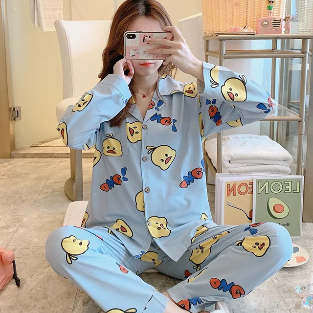 CAIYIER Autumn Winter New Sleepwear Set Women Turn-down Collar Pajamas Cute Cartoon Pattern Button Top+Pants Leisure Home Wear 908-2