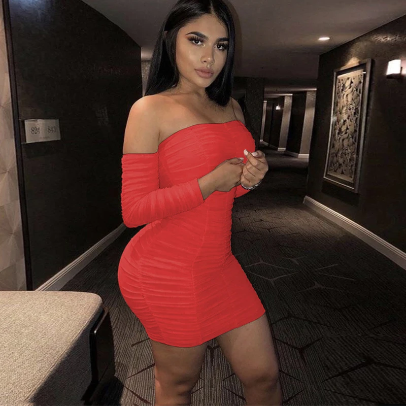 

Strapless Ruched Robe Elegant Club Party Dresses Long Sleeve Wrinkle Bodycon Dress Backless Slash Neck Mesh Black Vestidos Dress