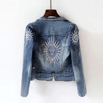 

2019 Spring Women Fashion Sequins Jackets Long-sleeved Stretch Slim Denim Jacket Sun Plus Size Short Jacket Coat Cool Streetwear