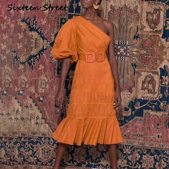 

2020 New Spring Woman Dress one-shoulder Mid lantern sleeve orange white solid runway femalr dress for party club vestidos