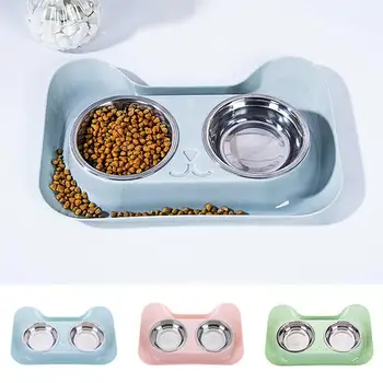 

Cat Double Bowl Plastic + Stainless Steel Small Animals Water Feeder Travel Feeding Food 2 Part Multipurpose Pets Drinking Dish
