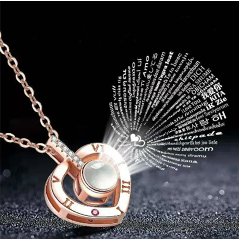 

100 Talen I love u Romantische Liefde Geheugen Bruiloft Ketting Rose Goud & Zilver Projectie Hanger Ketting