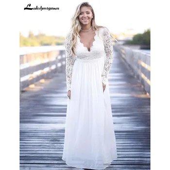 

Plus Size Wedding Dresses V-Neck A-Line Floor Length With Long Sleeves Beach Boho Country Backless Bridal Wedding Gowns