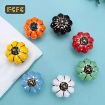 FCFC Vintage Furniture Handle Door Knobs Pumpkin Ceramic Cabinet Handles Furniture Drawer Cupboard Kitchen Pull Handle 7 Color