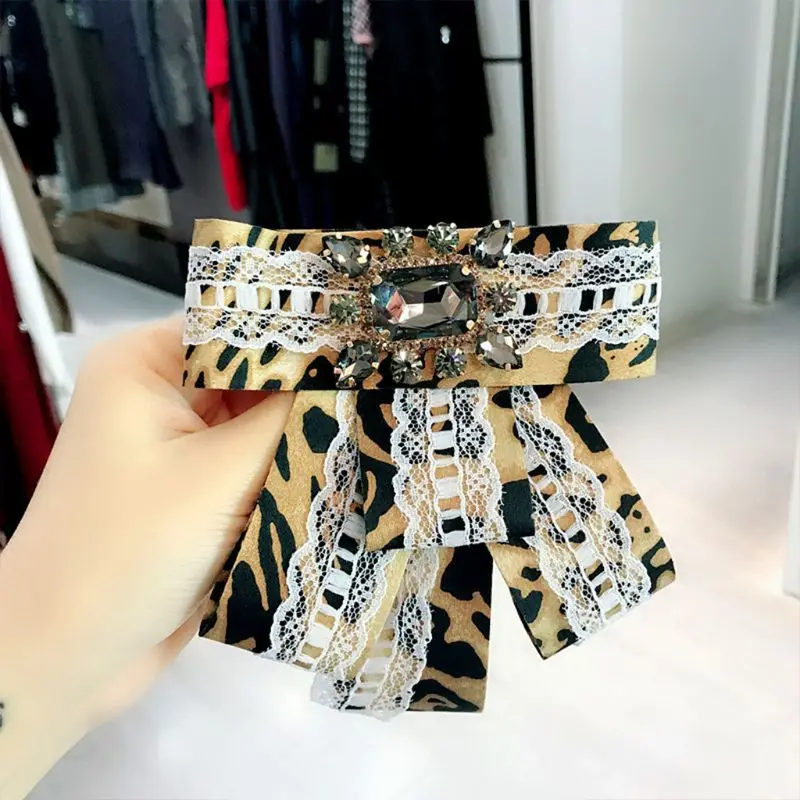 Drop Ship&Wholesale Women Lace Leopard Necklace Bow Tie Imitation Crystal Jewelry Collar Brooch Pins Nov.6