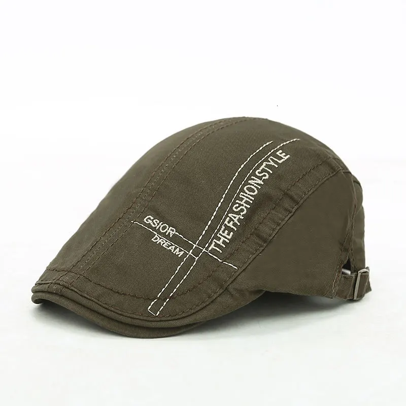 Army green Осенняя мужская шапка из хлопка с вышитыми буквами, берет, индивидуальная модная мужская Спортивная Кепка в британском стиле, регулируемый размер - Цвет: Army green