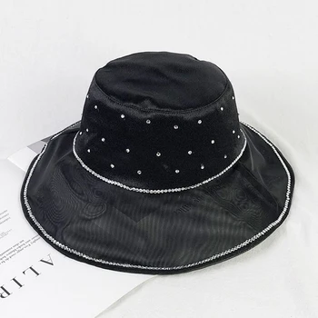 

Hat female summer rhinestone fisherman hat tide elegant mesh big brim sunscreen hat