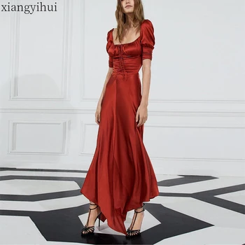 

High Street Sexy Maxi Satin Dress Summer Women High Waist Wine Red Silk Slip Dress Party Club Bodycon Dresses Vestidos 2020 New