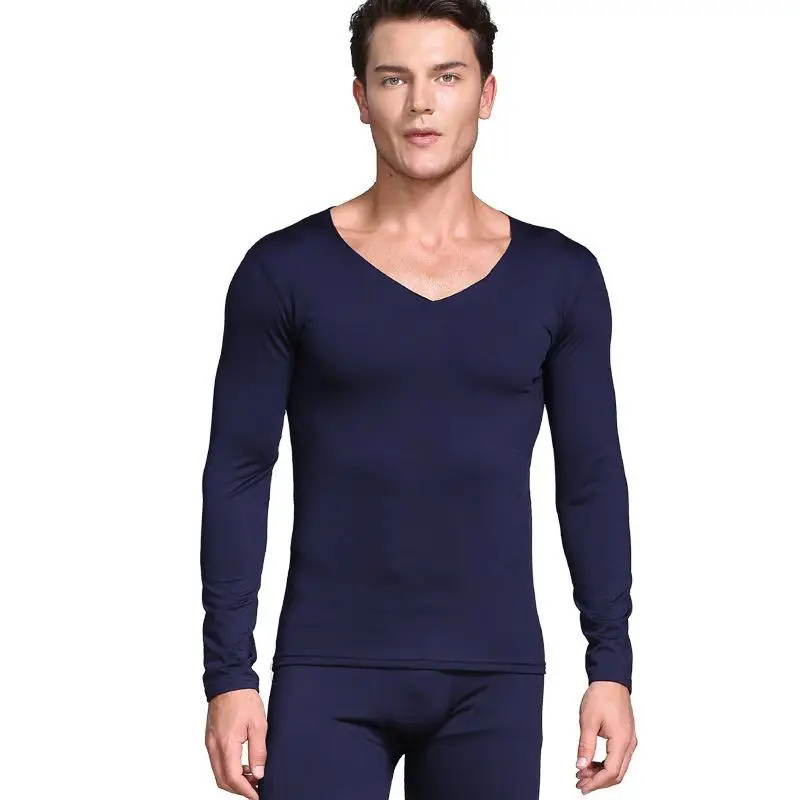Men Autumn Winter Warm Long Johns Full Sleeve Thermal Underwear Solid Colour Thick Thermo Lingerie Plus Size 3XL 4XL - Цвет: Nacy Blue
