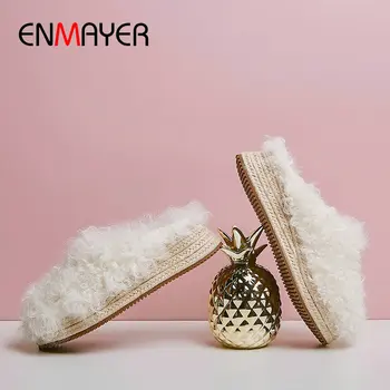 

ENMAYER 2020 Winter Outside Silver Shoes for Women Wedges Fashion Fur Slides Wool Short Plush Heel Luxury Shoes Women Designers