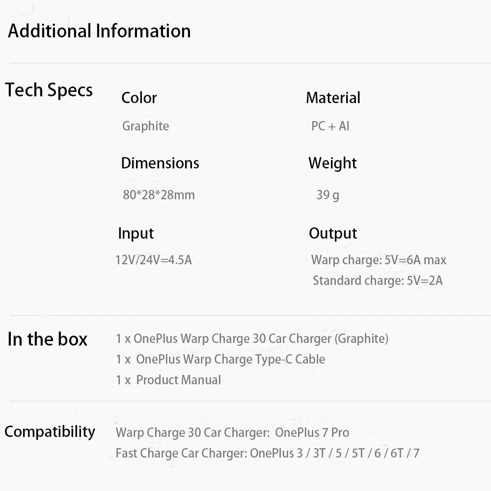 Оригинальное автомобильное зарядное устройство Oneplus Warp Charge 30 5V = 6A Max для Oneplus 7 7T Pro/Normal QC для Oneplus 3/3T/5/5 T/6/6 T/7