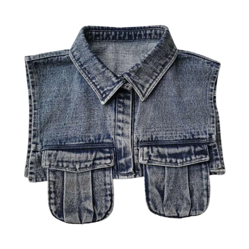 

Women Washed Denim Vest Sleeveless Waistcoat Jacket Lapel Fake Collar Dickey