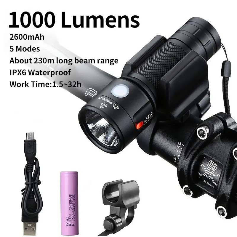 1000 Lumens INBIKE, 1000 люмен, велосипедный светильник, Ультра-яркий, ультра-светильник для велосипеда, передний светодиодный светильник-вспышка, перезаряжаемый через USB фонарь, аккумулятор 18650 - Цвет: 1000 Lumens