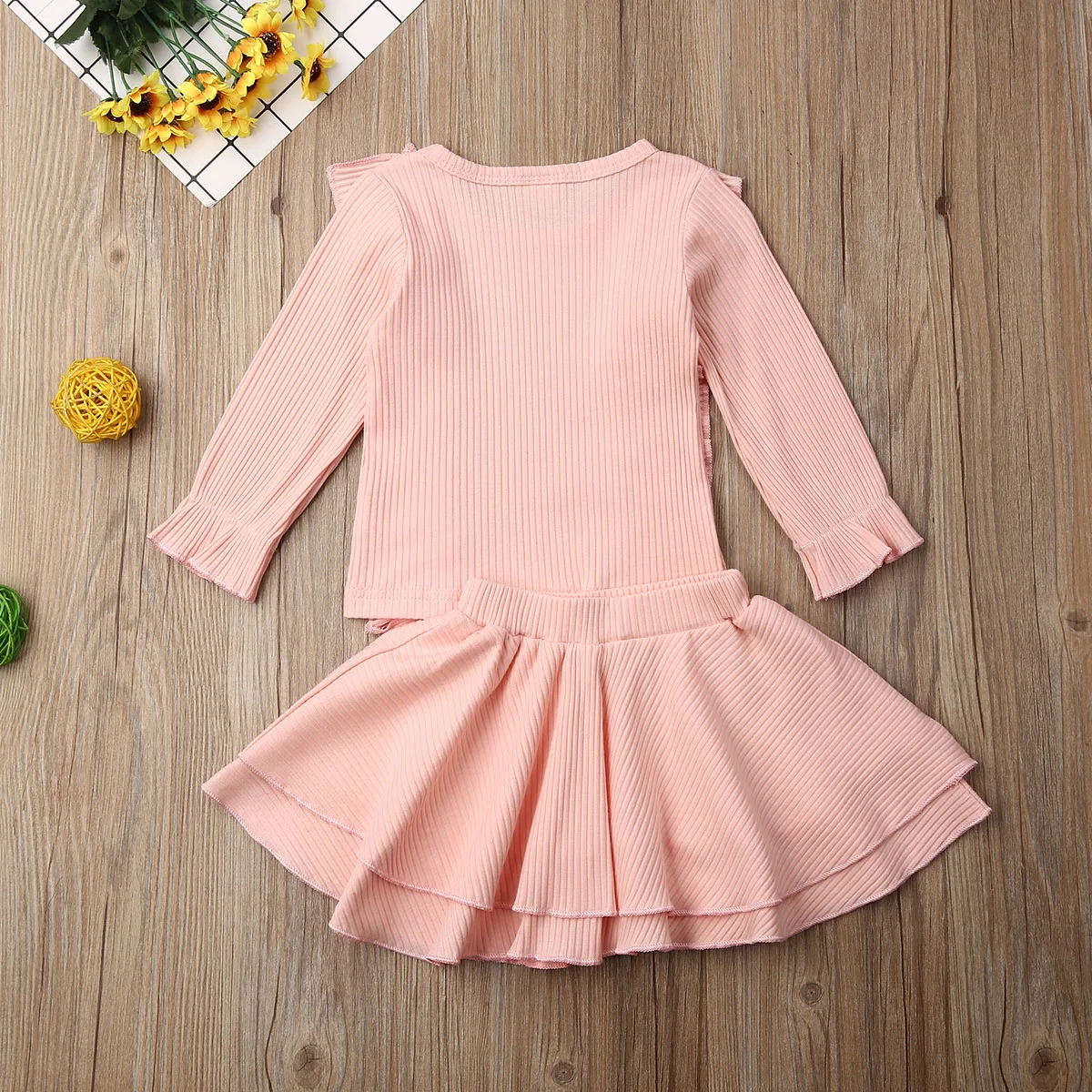 0-24M Cute Newborn Baby Girl Solid Color Long Sleeve Ruffles T-shirt Tops A-line Skirt 2PCS Outfits Baby Clothing Set