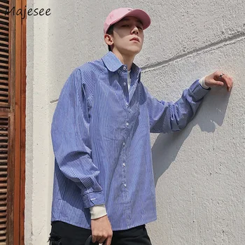 

Shirt Men Autumn Striped Long Sleeve Clothes All Match Plus Size Streetwear Mens Shirts Single Breasted White Novelty Korean