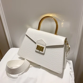 

Crocodile pattern Totes With Metal Handle 2020 New Quality PU Leather Women's Handbag Wide shoulder strap Shoulder Messenger Bag