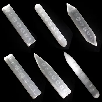 

Natural White Point Selenite 7 Chakra Magic Wand Polished Sticks Heart Symbols Mineral Meditation Specimen Reiki Healing Stone