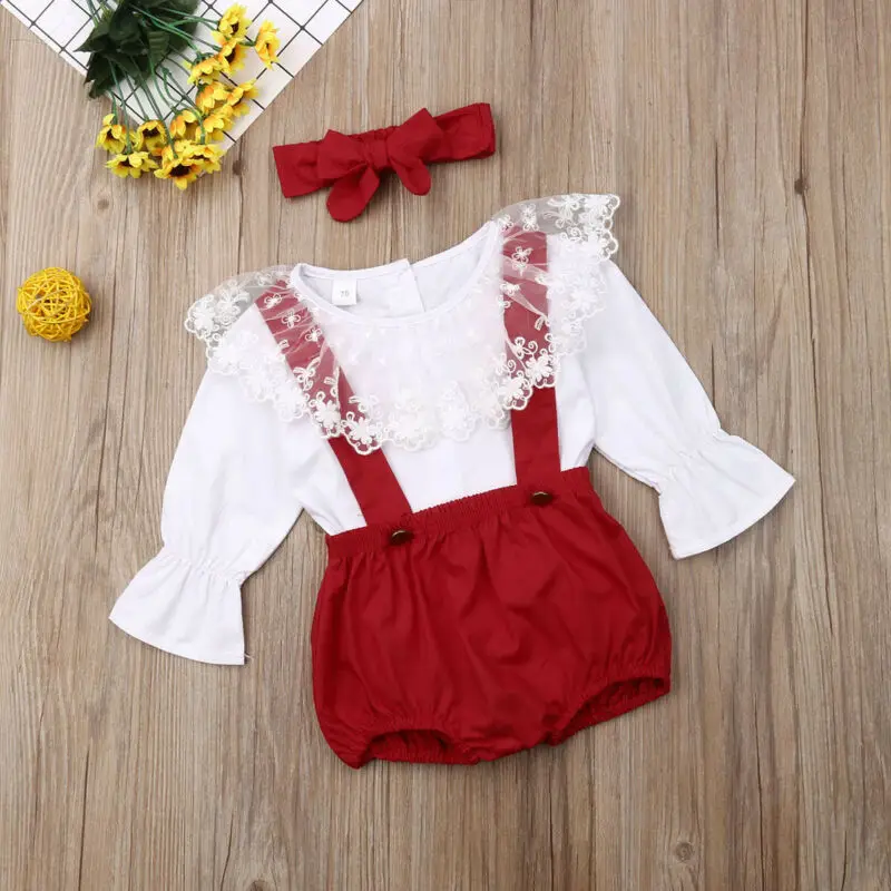 Комплект одежды для новорожденных девочек от 0 до 24 месяцев, кружевной топ принцессы с длинными рукавами+ красный комбинезон+ повязка на голову, рождественские костюмы для маленьких девочек