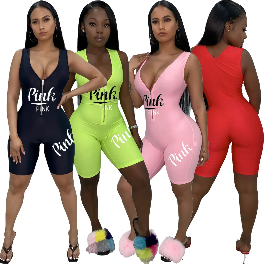 

2020 Africa Summer Women Playsuits Jumpsuits V-Neck Letter Print Street Rompers Sexy Night Club Party Bandage One Piece Outfits
